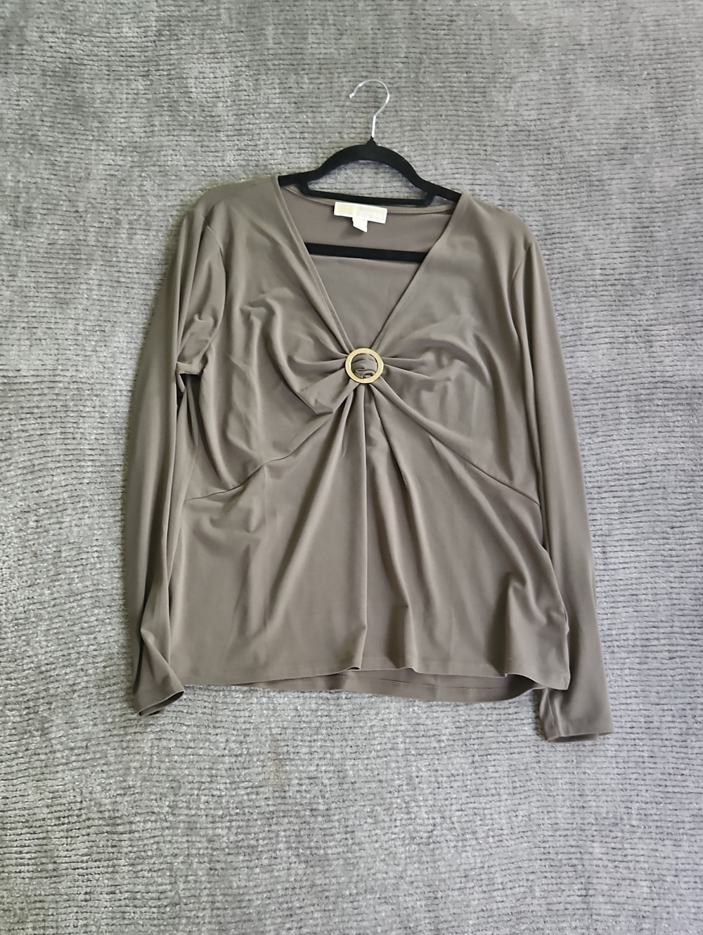 Michael Kors Taupe Long Sleeve V-Neck Top with Gold Ring